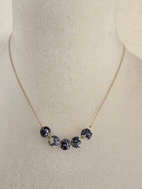Blue and White Porcelain Bead Necklace - Gold Chain